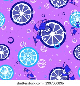 Beautiful pattern with orange, grapefruit, kiwi. Fruit cocktail with ice cubes.