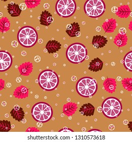 Beautiful pattern with orange, grapefruit, kiwi. Fruit cocktail with ice cubes.