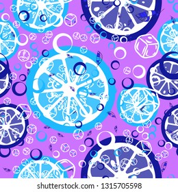 Beautiful pattern with orange, grapefruit, kiwi. Fruit cocktail with ice cubes.