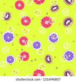 Beautiful pattern with orange, grapefruit, kiwi. Fruit cocktail with ice cubes.