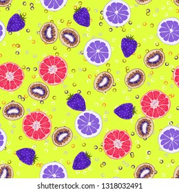 Beautiful pattern with orange, grapefruit, kiwi. Fruit cocktail with ice cubes.