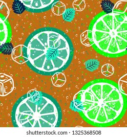 Beautiful pattern with orange, grapefruit, kiwi. Fruit cocktail with ice cubes.