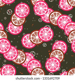 Beautiful pattern with orange, grapefruit, kiwi. Fruit cocktail with ice cubes.