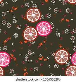 Beautiful pattern with orange, grapefruit, kiwi. Fruit cocktail with ice cubes.