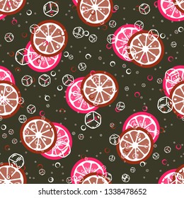 Beautiful pattern with orange, grapefruit, kiwi. Fruit cocktail with ice cubes.