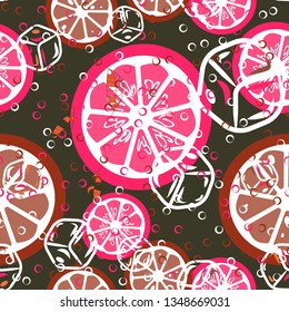 Beautiful pattern with orange, grapefruit, kiwi. Fruit cocktail with ice cubes.