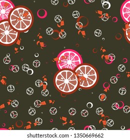 Beautiful pattern with orange, grapefruit, kiwi. Fruit cocktail with ice cubes.