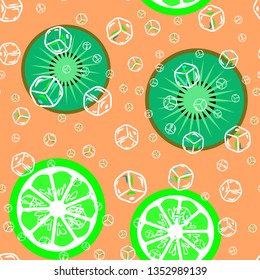 Beautiful pattern with orange, grapefruit, kiwi. Fruit cocktail with ice cubes.