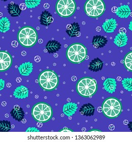 Beautiful pattern with orange, grapefruit, kiwi. Fruit cocktail with ice cubes.