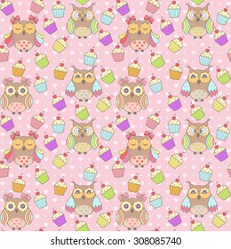 Beautiful pattern with owls and cakes on a pink background