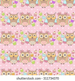 Beautiful pattern with owls and cakes on a pink background