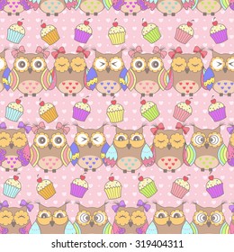 Beautiful pattern with owls and cakes on a pink background