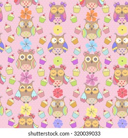 Beautiful pattern with owls and cakes on a pink background