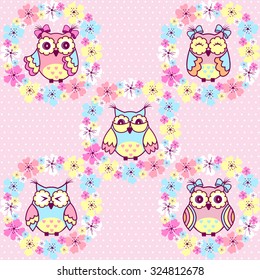 Beautiful pattern with owls and flowers on a pink background