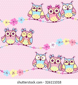 Beautiful pattern with owls and flowers on a pink background