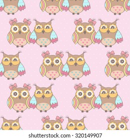 Beautiful pattern with owls on a pink background