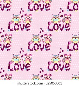 Beautiful pattern with owls on a pink background