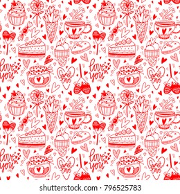 A beautiful pattern for paper, packaging, background, paper. Pattern with sweets, heart, tea, ice cream. Pattern for Valentine's Day