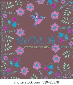 beautiful pattern pink and blue flowers with a bird on a red background