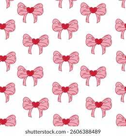 Beautiful pattern of pink bows with red hearts on a white background
