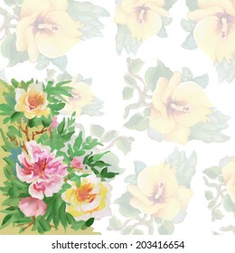 Beautiful pattern with pink roses on hibiscus background vector