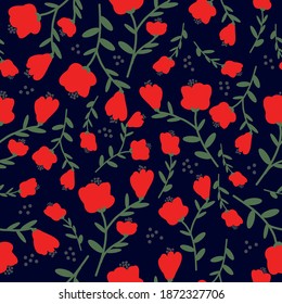 Beautiful pattern in poppies. Red flower. Dark blue background. Vector texture. Elegant fashion print for textiles.
