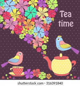 Beautiful pattern postcard with birds, and a cup of tea on a purple background with flowers