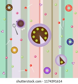 A beautiful pattern for a postcard, a cake with a cup of tea, donuts and red, pink, green and purple candies.