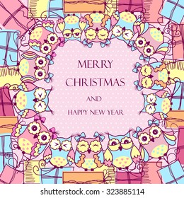 Beautiful pattern postcard with owls and gifts on pink background