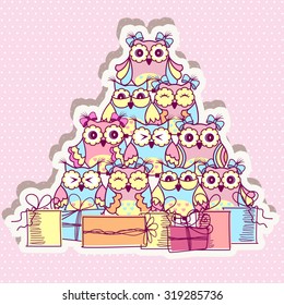Beautiful pattern postcard with roses and gifts on pink background