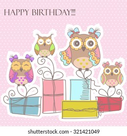 Beautiful pattern postcard with roses and gifts on pink background