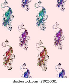 Beautiful pattern with Pretty peacock. Card fashion girl of peacock made in vector. Perfect  pattern, design, birthday other holiday, background for web pages. Bright illustration