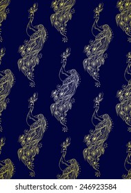 Beautiful pattern with Pretty peacock. Card fashion girl of peacock made in vector. Perfect  pattern, design, birthday other holiday, background for web pages. Bright illustration