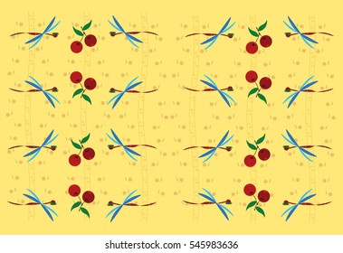 Beautiful pattern with red cherries and colorful dragonflies on the yellow background 