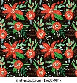Beautiful pattern with red flowers. Christmas pattern with leaves, mistletoe, branch, holly berry leaves, berries and Poinsettia Flower. Brown background. Flower pattern