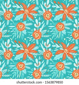 Beautiful pattern with red flowers. Christmas pattern with leaves, mistletoe, branch, holly berry leaves, berries and Poinsettia Flower. Turquoise background. Flower pattern