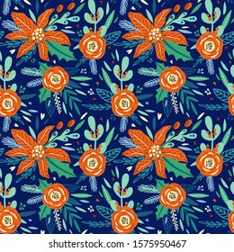 Beautiful pattern with red flowers. Christmas pattern with leaves, mistletoe, branch, holly berry leaves, berries and Poinsettia Flower. Dark blue background. Flower pattern