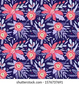 Beautiful pattern with red flowers. Christmas pattern with leaves, mistletoe, branch, holly berry leaves, berries and Poinsettia Flower. Dark violet background. Flower pattern