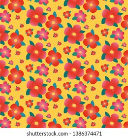 Beautiful pattern of red and orange  flowers with a gradient and green leaves. Yellow background, flowers illustration. Summer mood