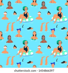 Beautiful pattern with a rest on the sea, resort, beach. people in the waves. seamless vector pattern