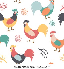 Beautiful pattern with roosters, branches and flowers on white background. Vector illustration