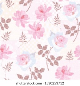 Beautiful pattern with rose and cosmos  flowers is made up of dots.. Imitation of beadwork. 