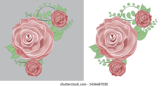Beautiful pattern with roses and leaves on a gray background, flowers image, subtle background