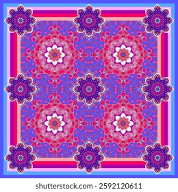 A beautiful pattern for a scarf, carpet or pillow in ethnic style. Flowers, mandalas and a delightful lace ornament in lilac and crimson colors.