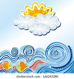 Beautiful pattern sea fishes sun cloud sky vector illustration