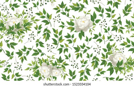 Beautiful pattern seamless of different green leaves and flower rose hand drawn watercolor style fresh rustic eco. Vector decorative cute elegant illustration isolated white background