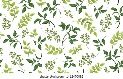 Beautiful pattern seamless of different tree, natural branches, green leaves, herbs, hand drawn watercolor style fresh rustic eco. Vector decorative cute elegant illustration isolated white background