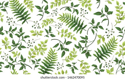 Beautiful pattern seamless of different tree, natural branches, green leaves, herbs, hand drawn watercolor style fresh rustic eco. Vector decorative cute elegant illustration isolated white background