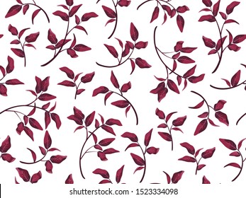 Beautiful pattern seamless of different tree, natural branches, red leaves, herbs, hand drawn watercolor style fresh rustic eco. Vector decorative cute elegant illustration isolated white background