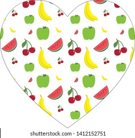 Beautiful pattern in the shape of a heart of  summer bright fruits, banana, cherry, watermelon, apple on white background. Summer mood. Love summer. Design for prints, shirts, fabrics. Vector Eps. 8.